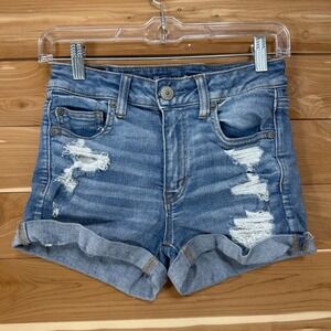 American Eagle Hi-Rise Shortie Denim Shorts Distressed Cuffed Blue Womens Size 4